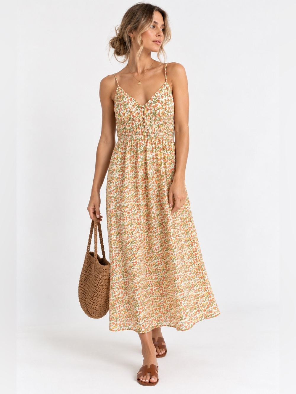 WAYF Floral Sundress • Cottagecore Summer Dress • Ruched Button Front Small